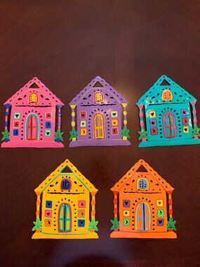 Set of 5 Tropical Hand Painted Metal Gingerbread Houses SheShed,Patio,Fence Art
